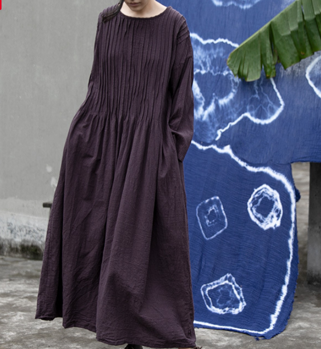 Pleated  Linen Long Loose O Neck Women Dresses VPPBUY shop