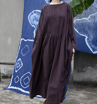 Pleated  Linen Long Loose O Neck Women Dresses VPPBUY shop