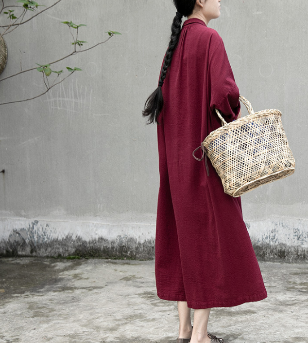 Long Sleeve Linen Loose Label Collar Women Dresses VPPBUY shop