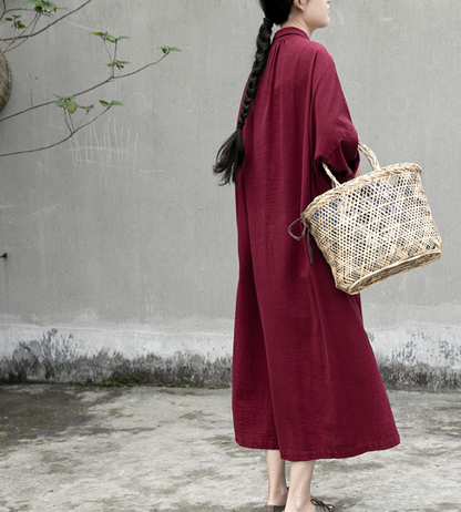 Long Sleeve Linen Loose Label Collar Women Dresses VPPBUY shop