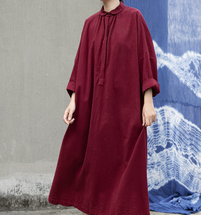 Long Sleeve Linen Loose Label Collar Women Dresses VPPBUY shop