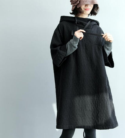 Black Loose Women Hooded Short Cotton Linen Sleeve Spring Dresses VPPBUY shop