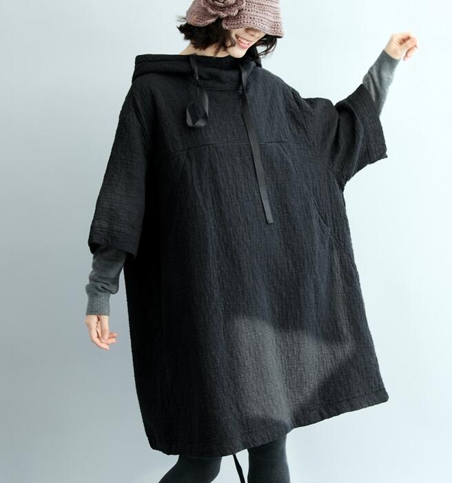 Black Loose Women Hooded Short Cotton Linen Sleeve Spring Dresses VPPBUY shop