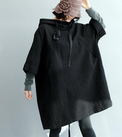 Black Loose Women Hooded Short Cotton Linen Sleeve Spring Dresses VPPBUY shop