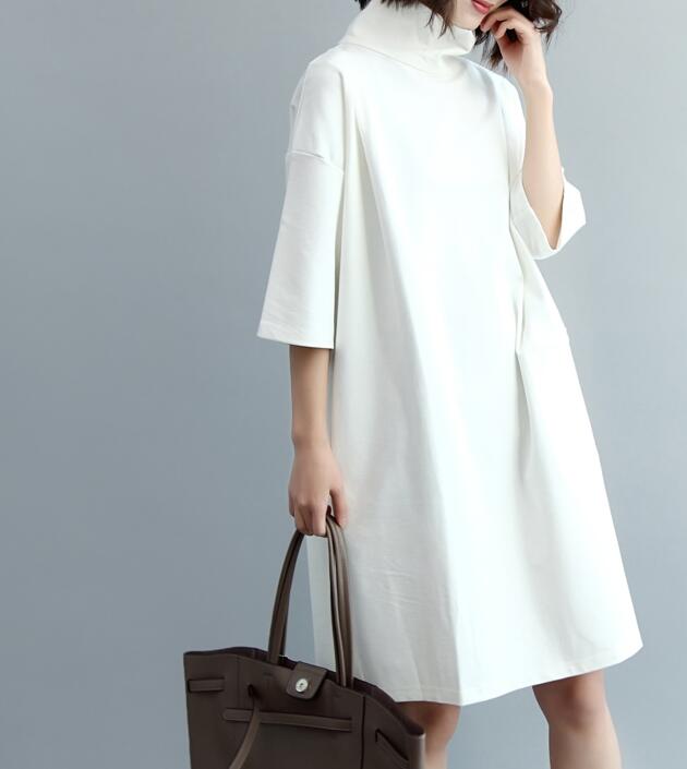 White Loose Women High Collar Knit Cotton Spring Dresses VPPBUY shop