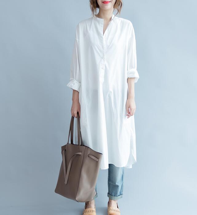 Loose Slit Buttons White Round Neck Shirts Spring Dresses VPPBUY shop