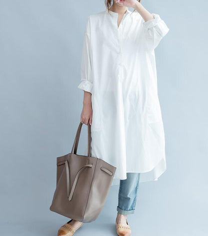 Loose Slit Buttons White Round Neck Shirts Spring Dresses VPPBUY shop