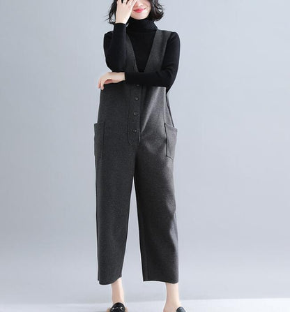 V Neck Casual Spring Black Wool Overall Women Jumpsuits PZ97251 VPPBUY shop