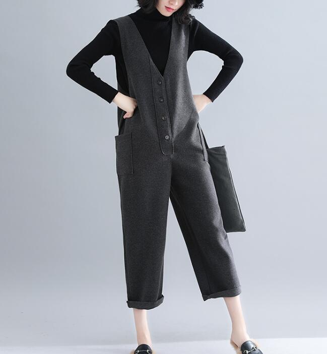 V Neck Casual Spring Black Wool Overall Women Jumpsuits PZ97251 VPPBUY shop