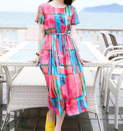 Print Floral Round Neck Linen Spring Dresses VPPBUY shop