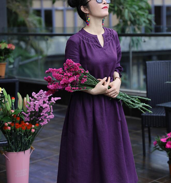 Waist Line Purple  Linen Spring Dresses VPPBUY shop