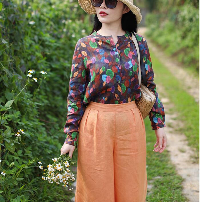 Floral Linen Blouse Simple Style Shirts Summer Tops  H9508 VPPBUY shop