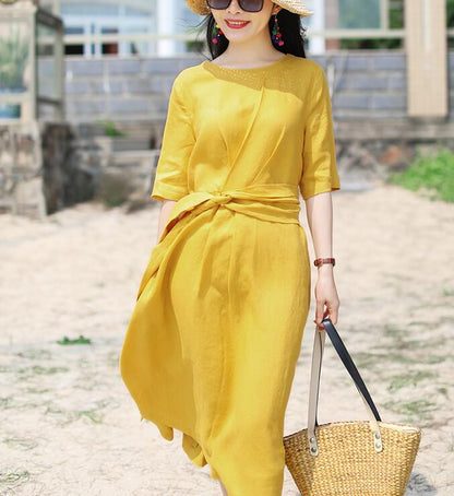 Yellow Waist Line Long Summer Linen Spring Dresses VPPBUY shop