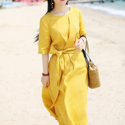 Yellow Waist Line Long Summer Linen Spring Dresses VPPBUY shop