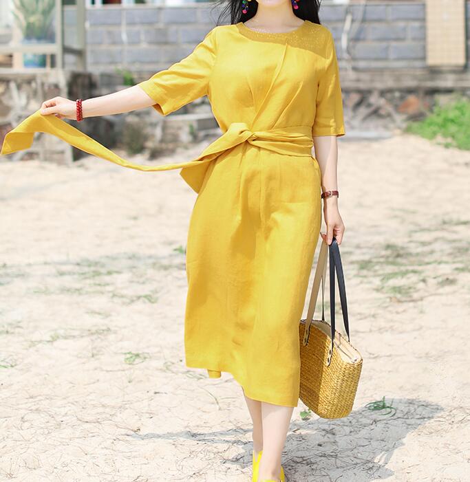 Yellow Waist Line Long Summer Linen Spring Dresses VPPBUY shop