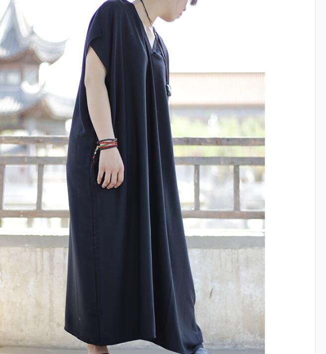 Black Loose Long Summer Linen Cotton V Neck Spring Dresses VPPBUY shop