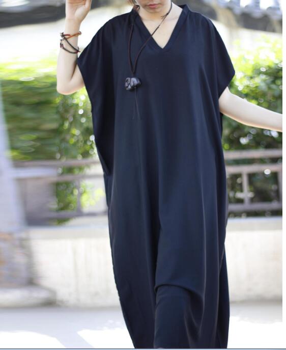 Black Loose Long Summer Linen Cotton V Neck Spring Dresses VPPBUY shop