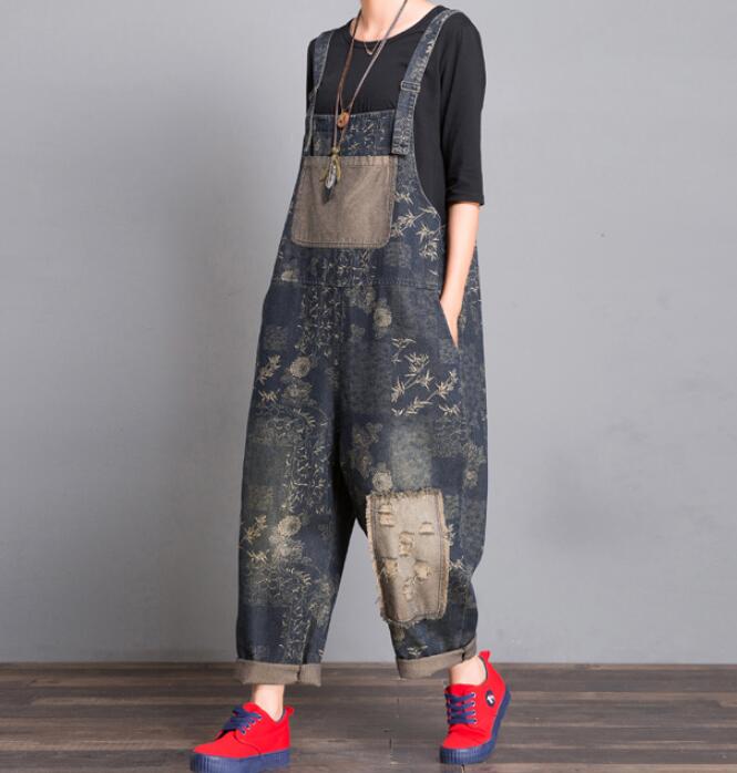 Gray Floral Loose Handmade Denim Casual Spring Denim Overall Women Jumpsuits VPPBUY shop