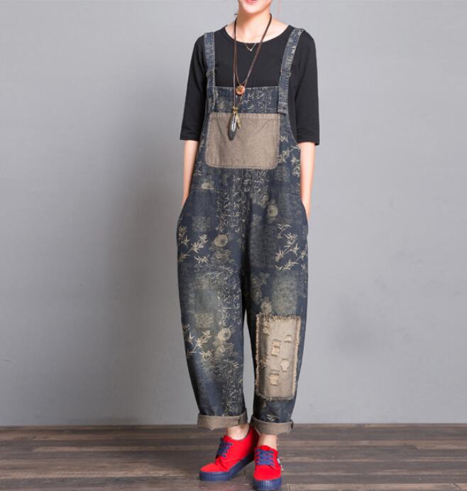 Gray Floral Loose Handmade Denim Casual Spring Denim Overall Women Jumpsuits VPPBUY shop