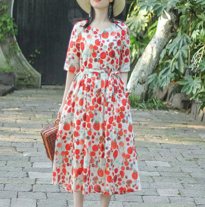 Red Floral Dotted Loose Long Summer Linen Cotton O Neck Spring Dresses VPPBUY shop