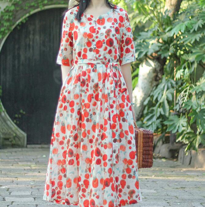 Red Floral Dotted Loose Long Summer Linen Cotton O Neck Spring Dresses VPPBUY shop