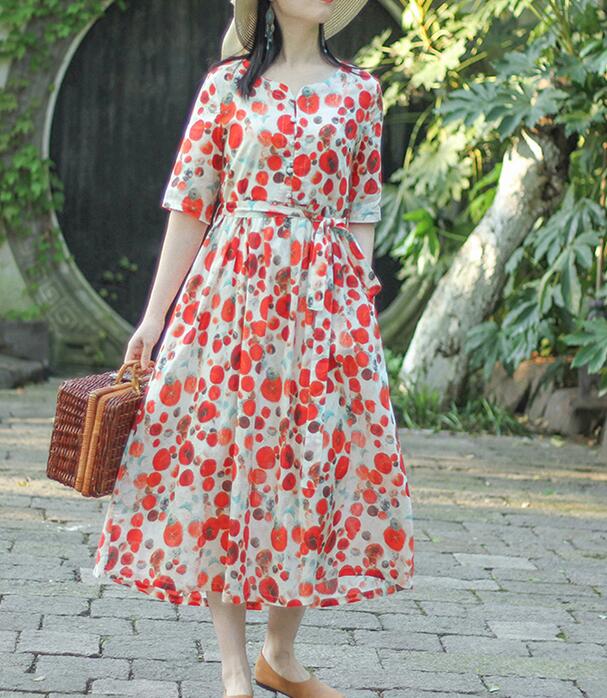 Red Floral Dotted Loose Long Summer Linen Cotton O Neck Spring Dresses VPPBUY shop