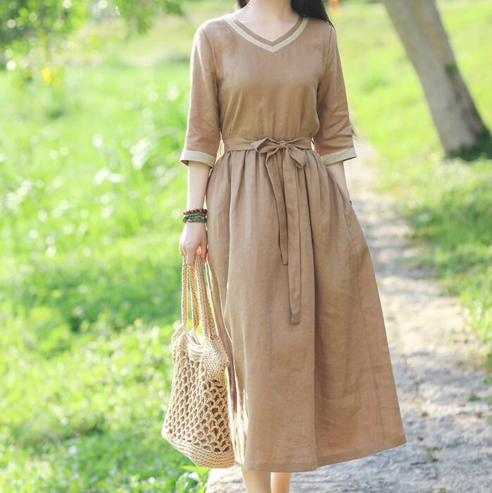 V Neck Women Dresses Casual Summer Linen Women Dresses SSM97215 VPPBUY shop