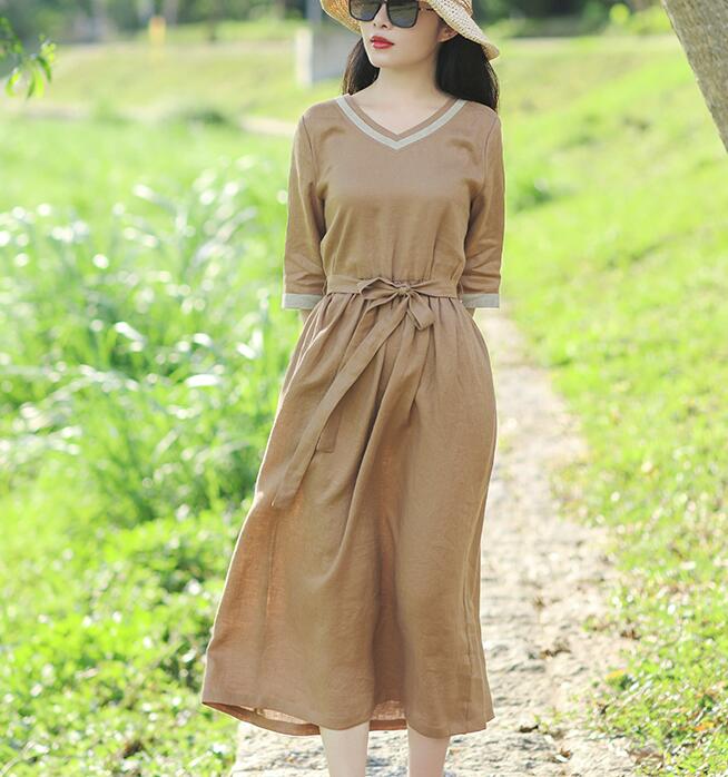 V Neck Women Dresses Casual Summer Linen Women Dresses SSM97215 VPPBUY shop