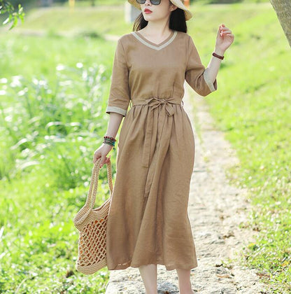 V Neck Women Dresses Casual Summer Linen Women Dresses SSM97215 VPPBUY shop