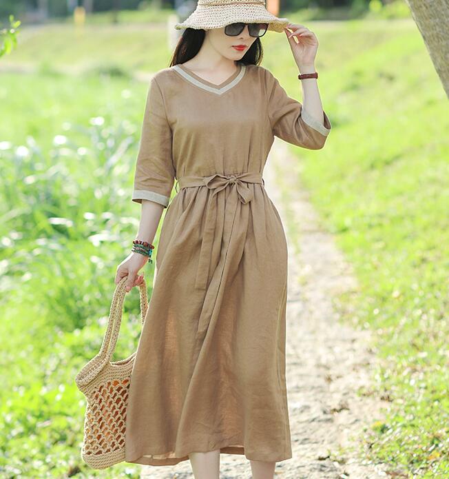 V Neck Women Dresses Casual Summer Linen Women Dresses SSM97215 VPPBUY shop