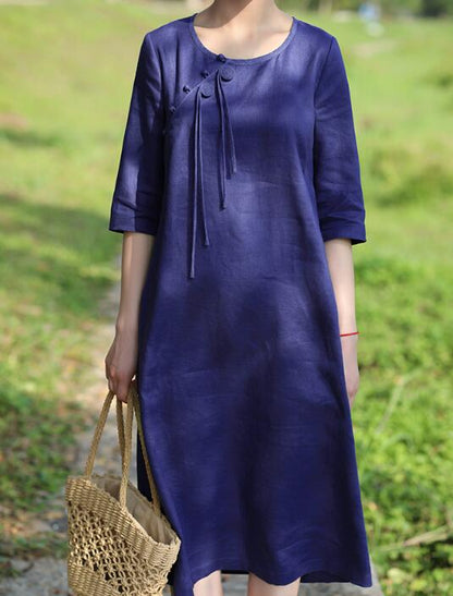 Navy Blue Women Dresses Casual Summer Linen Women Dresses Hand Made ButtonsSSM97215 VPPBUY shop