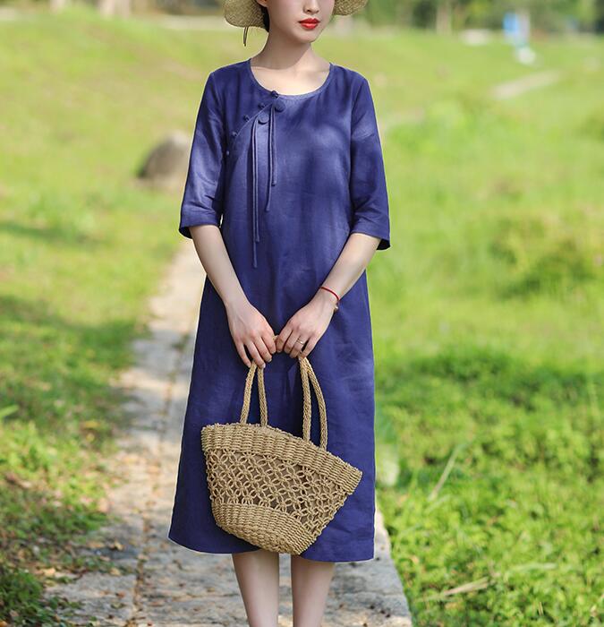 Navy Blue Women Dresses Casual Summer Linen Women Dresses Hand Made ButtonsSSM97215 VPPBUY shop