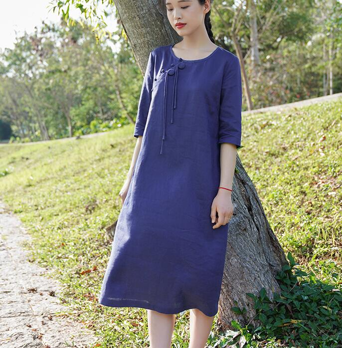 Navy Blue Women Dresses Casual Summer Linen Women Dresses Hand Made ButtonsSSM97215 VPPBUY shop