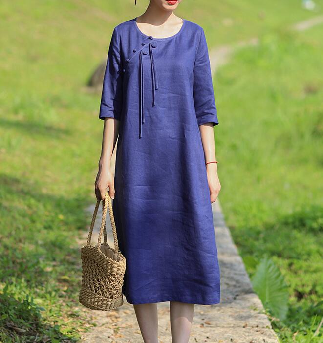 Navy Blue Women Dresses Casual Summer Linen Women Dresses Hand Made ButtonsSSM97215 VPPBUY shop