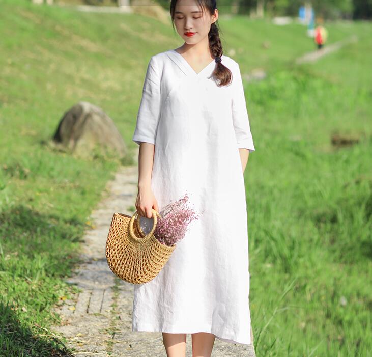 White Pleated Neck Women Dresses Casual Summer Linen Women Dresses Half Sleeve SSM97215 VPPBUY shop