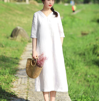 White Pleated Neck Women Dresses Casual Summer Linen Women Dresses Half Sleeve SSM97215 VPPBUY shop