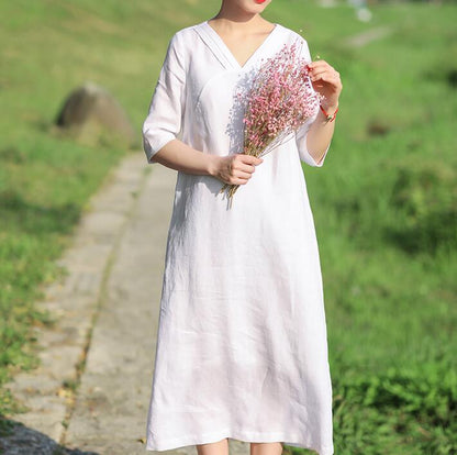 White Pleated Neck Women Dresses Casual Summer Linen Women Dresses Half Sleeve SSM97215 VPPBUY shop