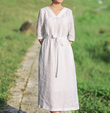 White Pleated Neck Women Dresses Casual Summer Linen Women Dresses Half Sleeve SSM97215 VPPBUY shop