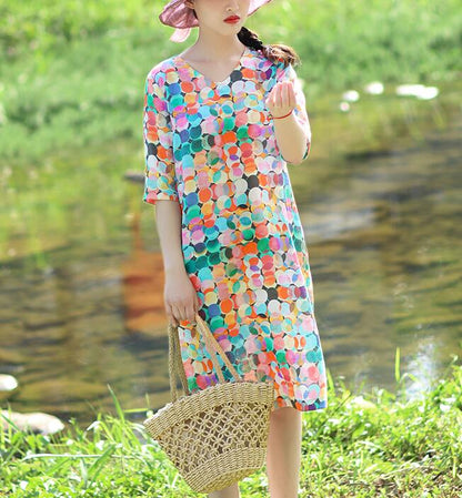 Print V Neck Women Dresses Casual Summer Linen Women Dresses Half Sleeve SSM97215 VPPBUY shop