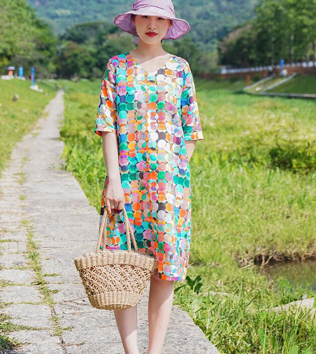 Print V Neck Women Dresses Casual Summer Linen Women Dresses Half Sleeve SSM97215 VPPBUY shop