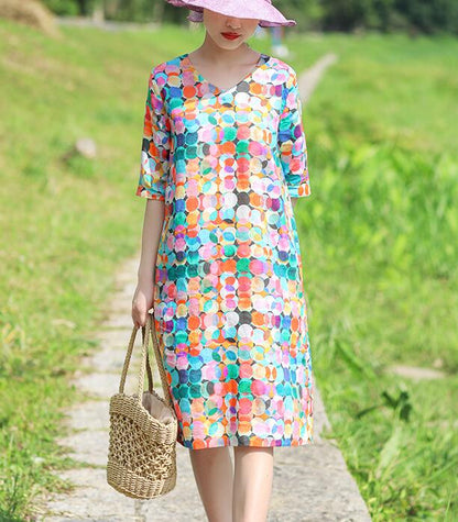 Print V Neck Women Dresses Casual Summer Linen Women Dresses Half Sleeve SSM97215 VPPBUY shop