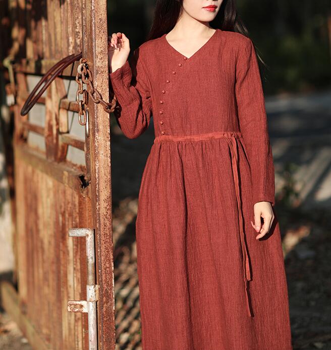 Red Women Dresses Casual Spring Linen Women Dresses Long Sleeve SSM97215 VPPBUY shop