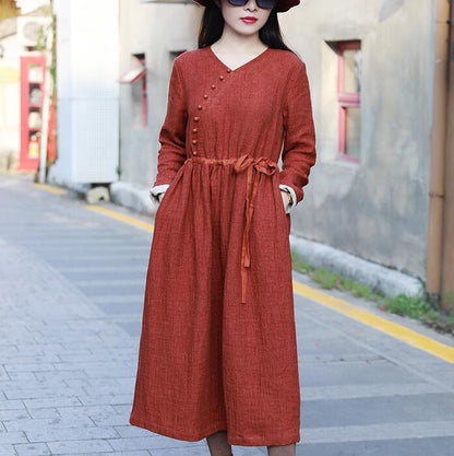 Red Women Dresses Casual Spring Linen Women Dresses Long Sleeve SSM97215 VPPBUY shop