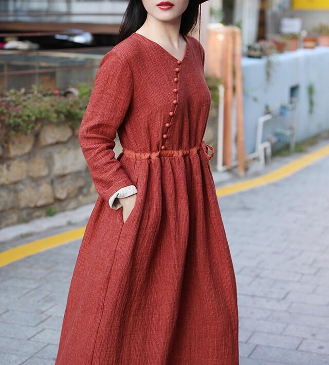 Red Women Dresses Casual Spring Linen Women Dresses Long Sleeve SSM97215 VPPBUY shop