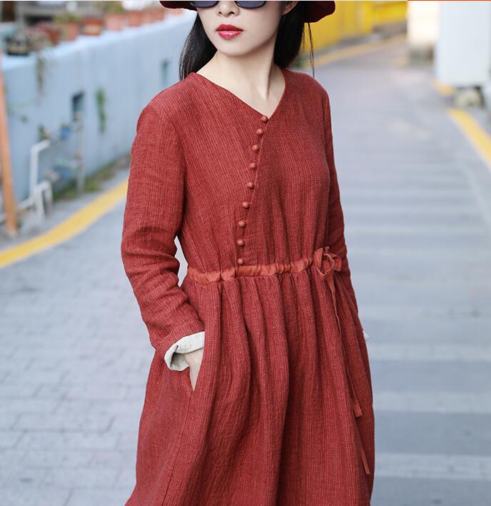 Red Women Dresses Casual Spring Linen Women Dresses Long Sleeve SSM97215 VPPBUY shop