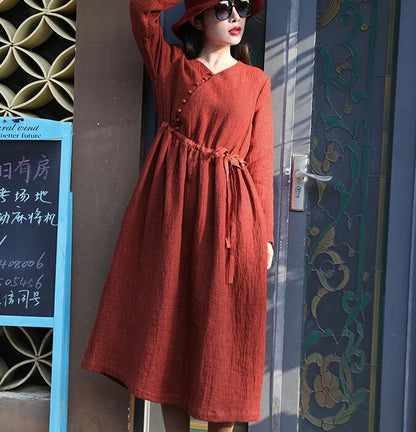 Red Women Dresses Casual Spring Linen Women Dresses Long Sleeve SSM97215 VPPBUY shop