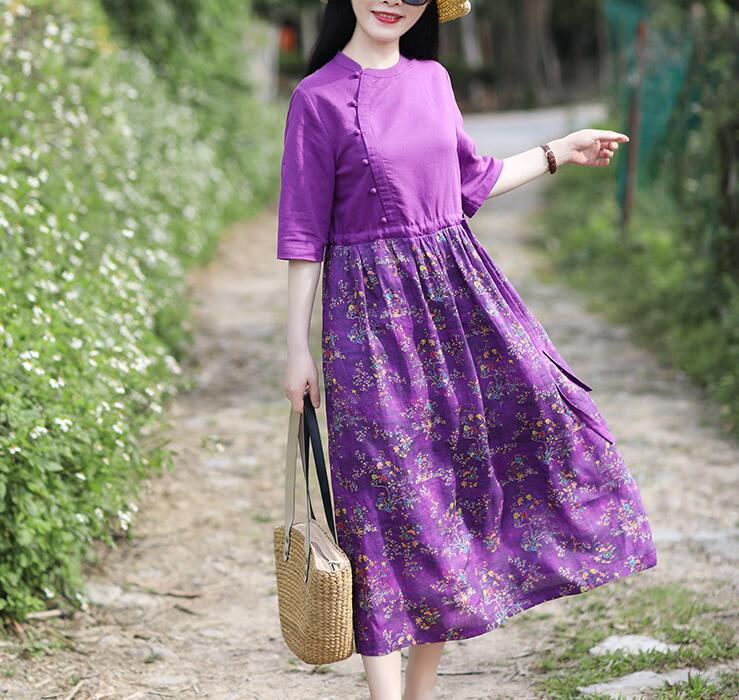 Purple Patchwork Women Dresses Casual Spring Linen Women Dresses Half Sleeve SSM97215 VPPBUY shop