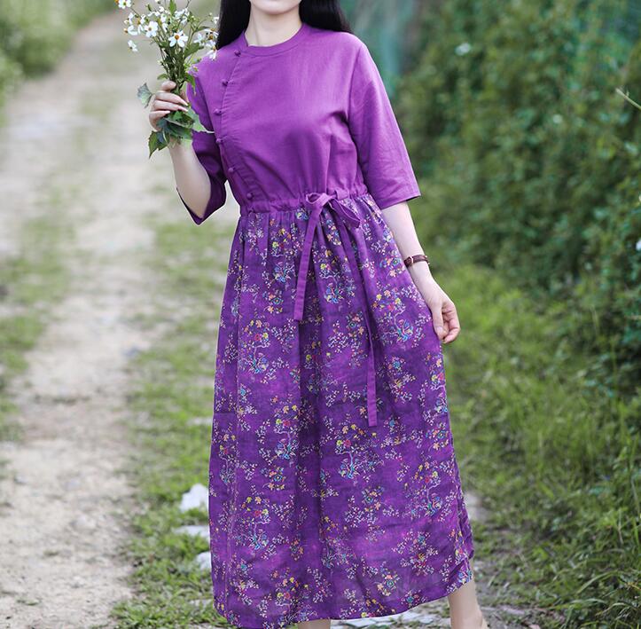 Purple Patchwork Women Dresses Casual Spring Linen Women Dresses Half Sleeve SSM97215 VPPBUY shop