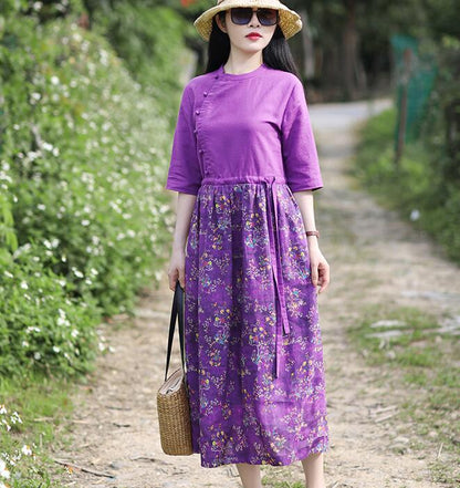 Purple Patchwork Women Dresses Casual Spring Linen Women Dresses Half Sleeve SSM97215 VPPBUY shop