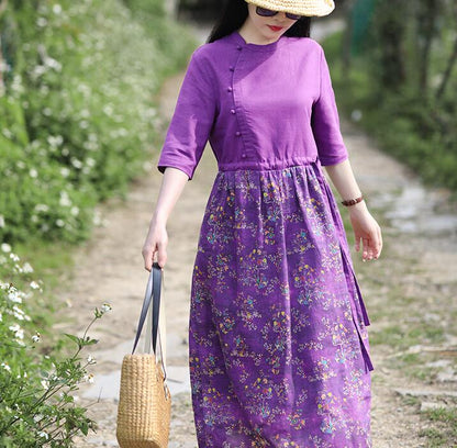 Purple Patchwork Women Dresses Casual Spring Linen Women Dresses Half Sleeve SSM97215 VPPBUY shop